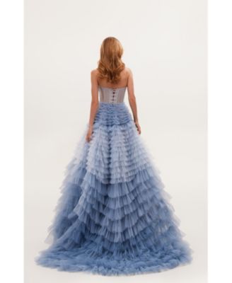 Women's Light Blue Strapless Frill-Layered Fluffy Dress