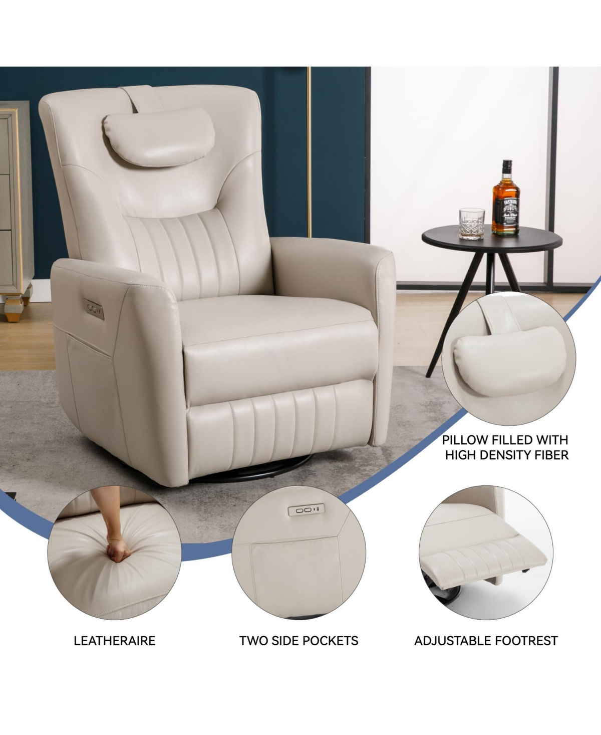 Streamdale FurnitureGrey Leatheraire Swivel and Rocker Power Recliner Chair with Lumbar and Neck Support Pillow, Heavy Duty Motion Mechanism wi