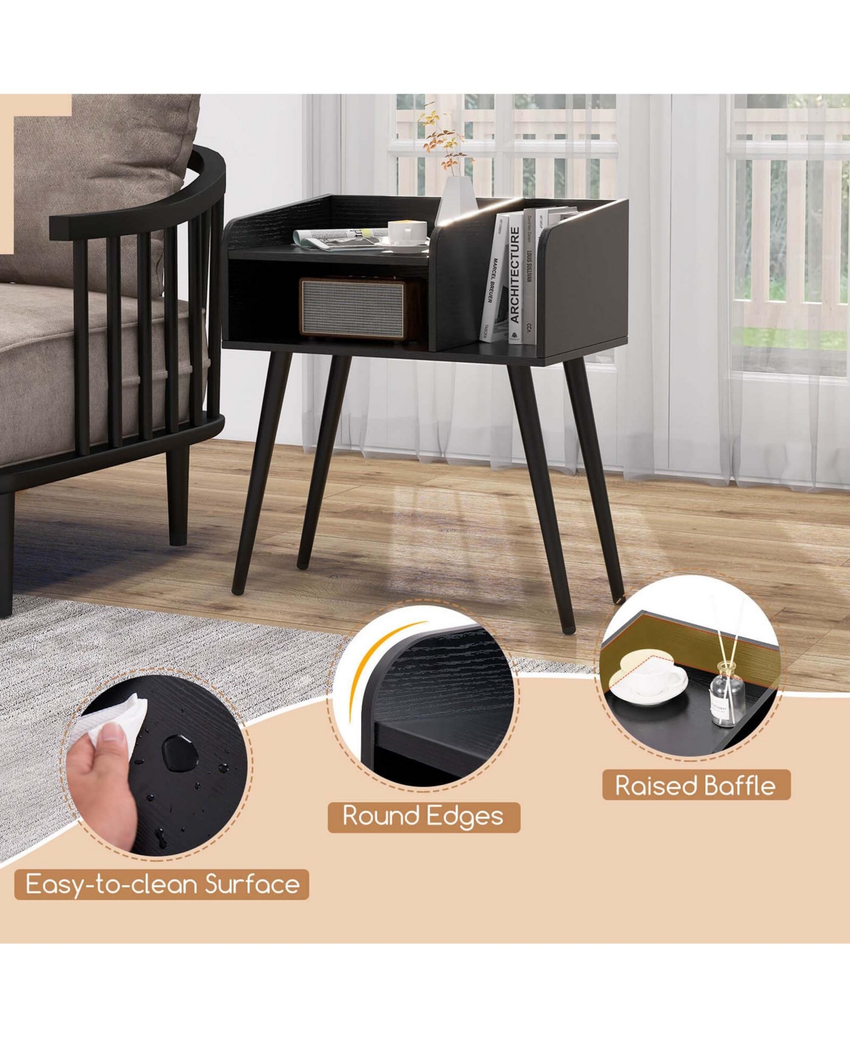 Costway Mid Century Modern End Table with Open Shelves Metal Support Legs for Bedroom