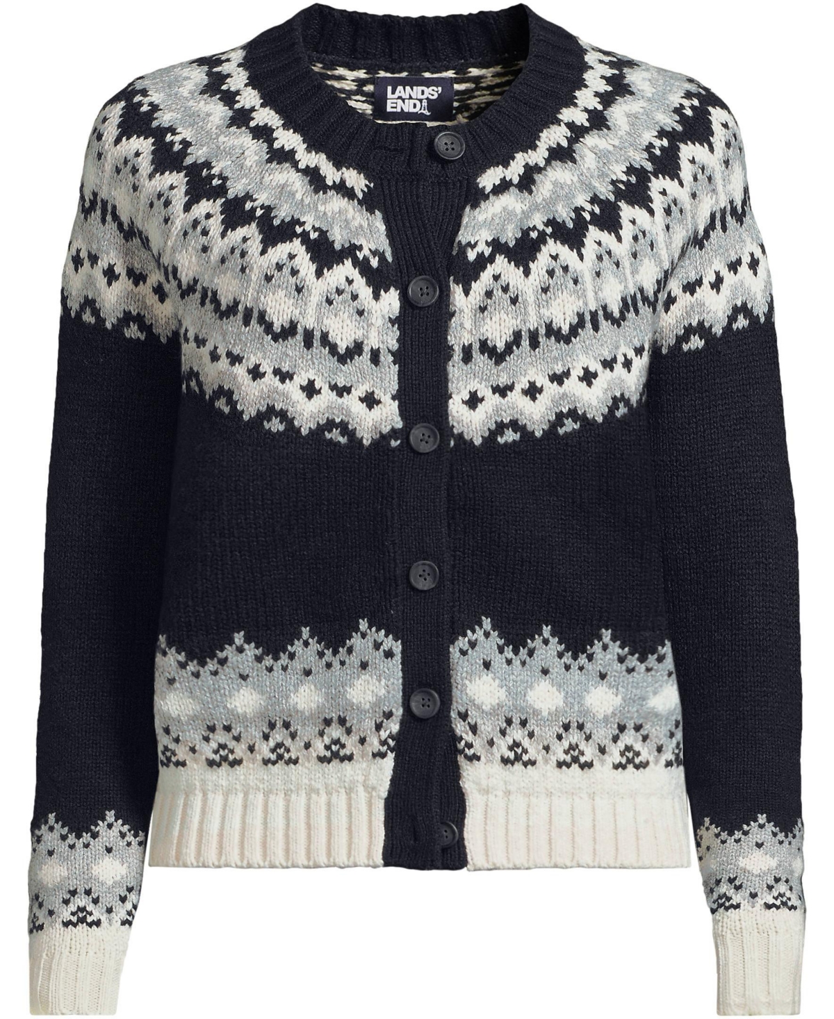 Lands' End Women's Cozy Lofty Fair Isle Cardigan Sweater -black fairisle