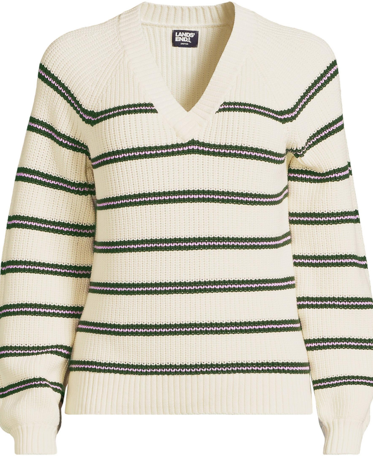 Lands' End Women's Drifter Balloon Sleeve Sweater -evergreen stripe