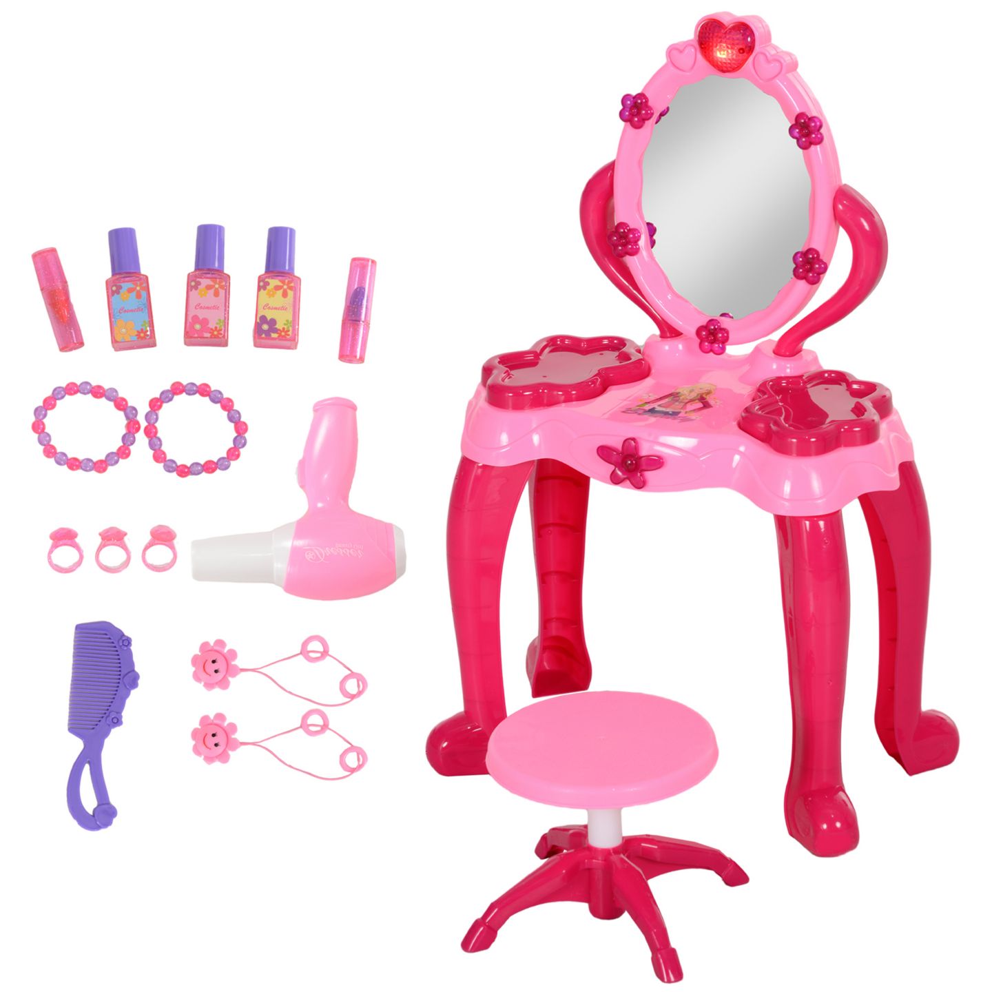 Детские игрушки Qaba Light-Up Mirror Vanity Set with Stool, 15-Piece, Ages 3+ — фото 1