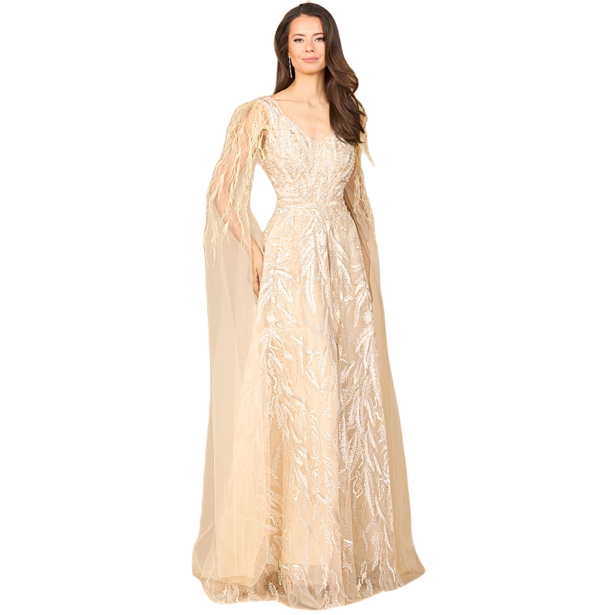 Women's V - Neck Gown with Long Cape Sleeves - Champagne