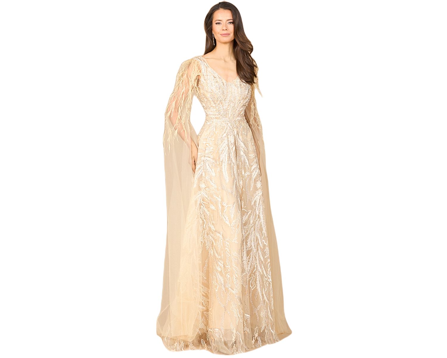 Women's V - Neck Gown with Long Cape Sleeves