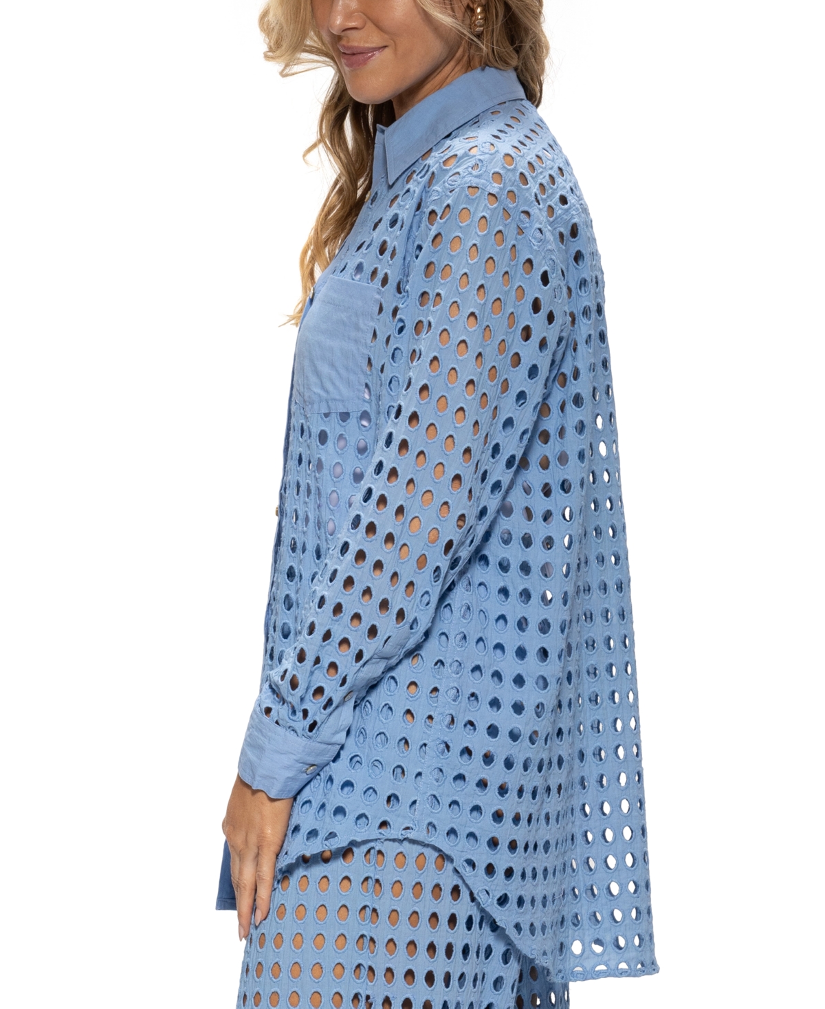 DOTTI WOMEN'S COTTON OPENWORK DOT COVER-UP BEACH SHIRT 