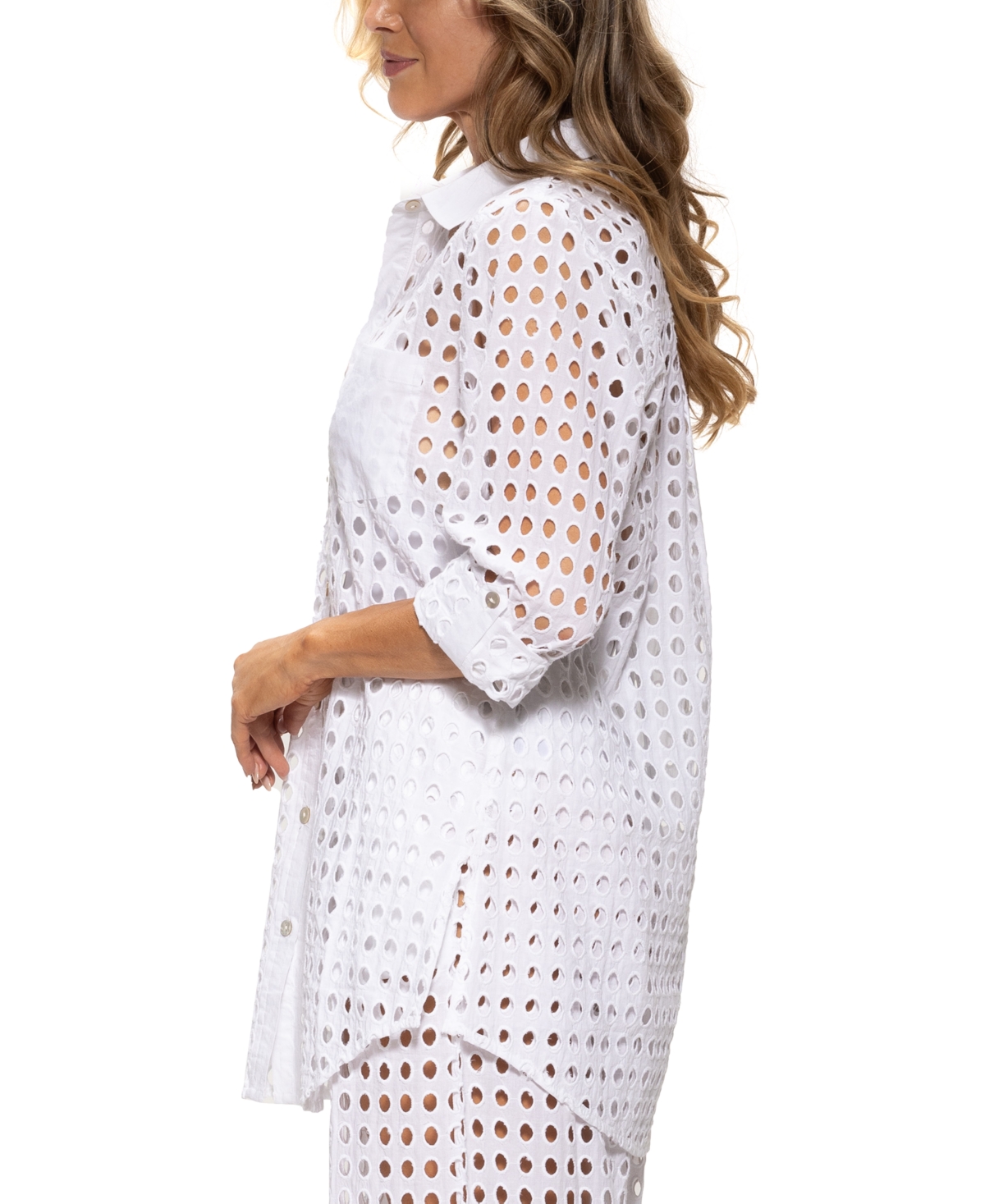 DOTTI WOMEN'S COTTON OPENWORK DOT COVER-UP BEACH SHIRT 