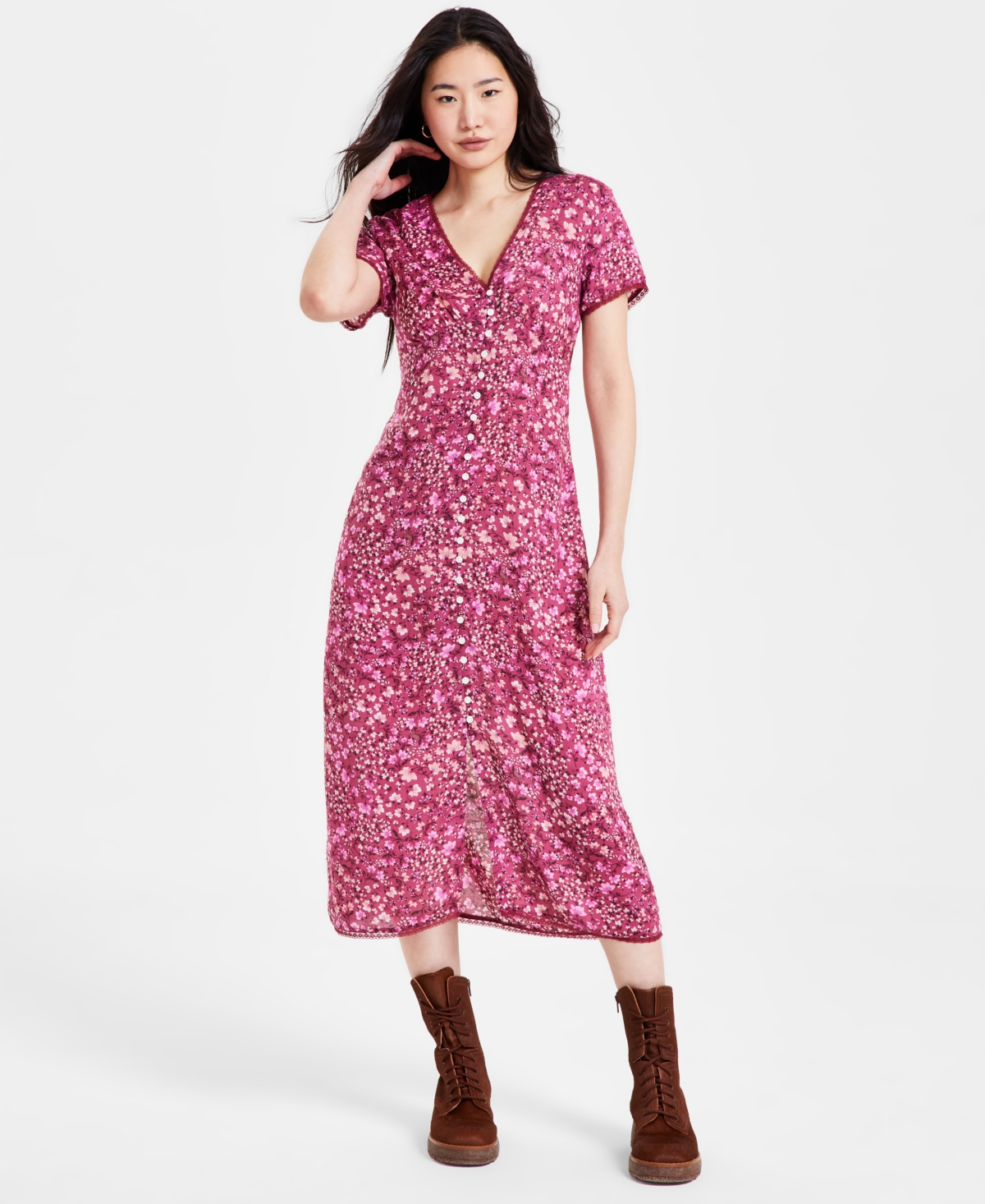 LUCKY BRAND WOMEN'S LACE-TRIM FLORAL MIDI DRESS 