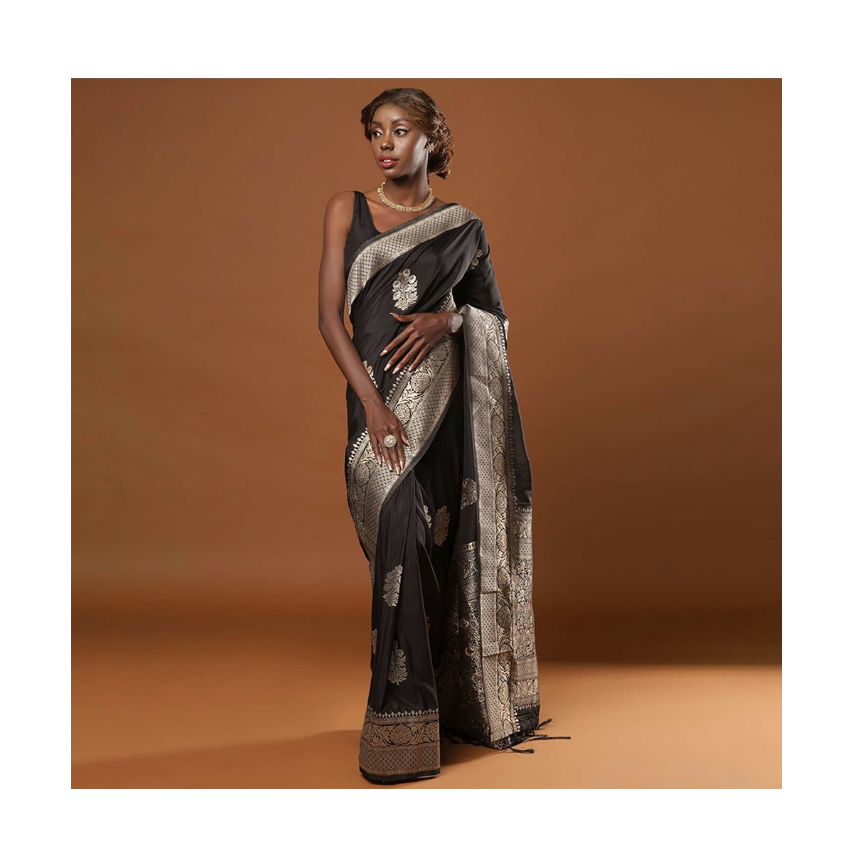 One Minute Saree Petite HibanaArt Silk Banarasi Ready to Wear Sari - Black