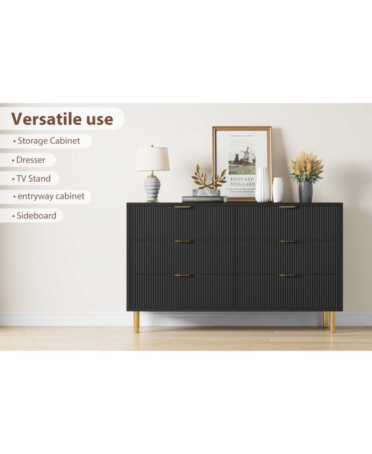 gaomon6 Drawer Dresser for Bedroom, 56” Wide Wood Dresser Organizer with Metal Legs - Black