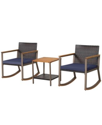 3 Pieces Rattan Rocking Bistro Set with Coffee Table and Cushions