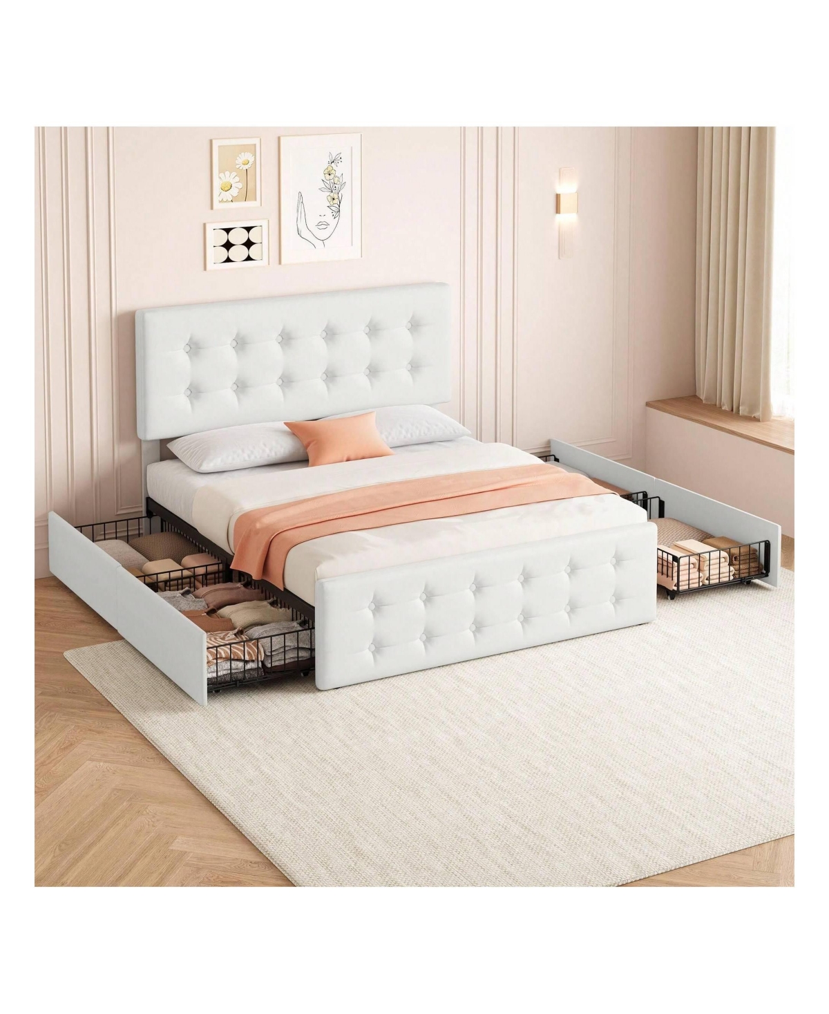 Bed Frame,With 4 Storage Drawers And Headboard, Linen Upholstered Platform Frame With Wooden Slats Support, Button Tufted Design