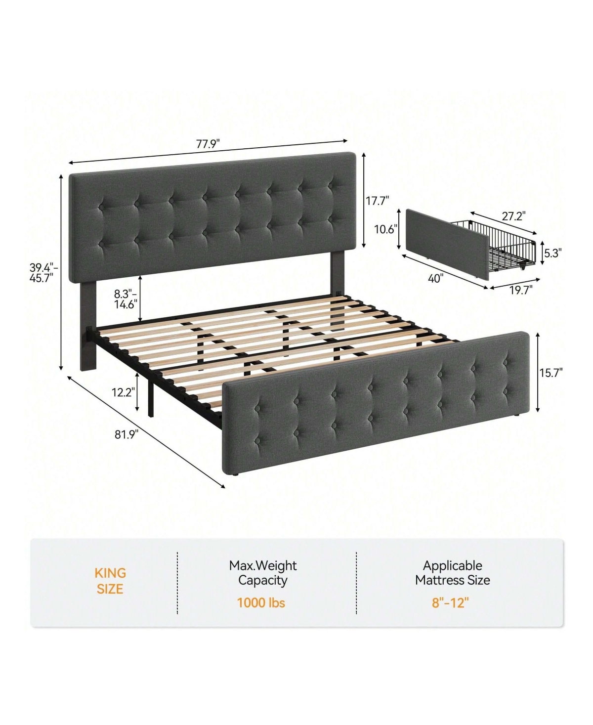 gaomon Bed Frame,With 4 Storage Drawers And Headboard, Linen Upholstered Platform Bed Frame With Wooden Slats Support, Button Tufted Design, No Box Sp