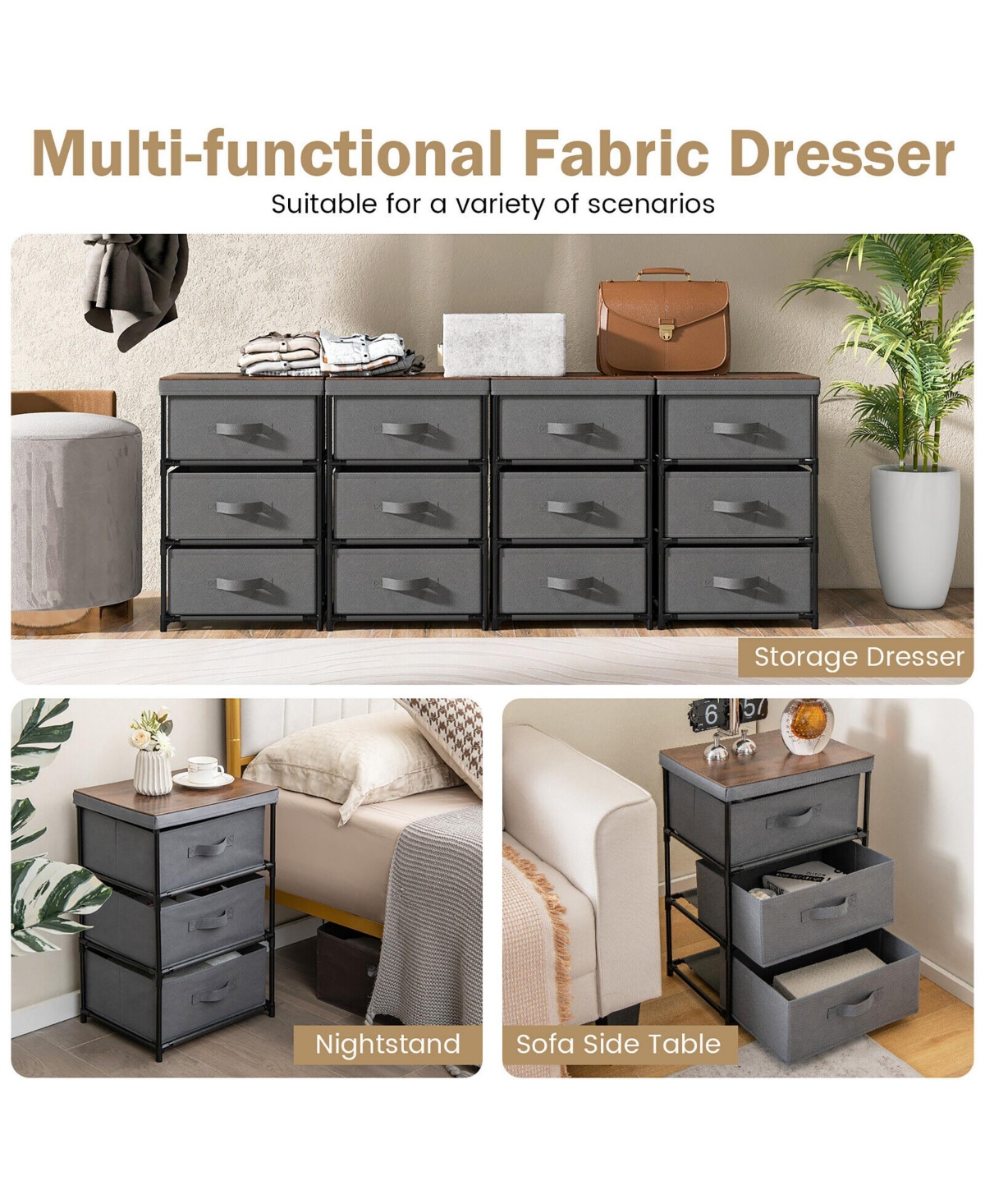 Gymax 2PCS 3 Drawers Dresser Fabric Storage Tower Organizer Unit Tall Nightstand Side Table - Grey + rustic brown