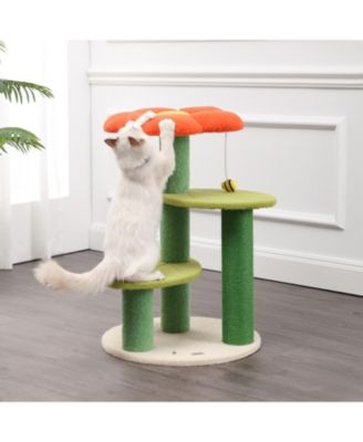 Poppy 29" 3-Tier Modern Jute Flower Cat Tree with Dangling Toy, Orange/Green