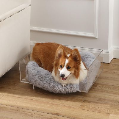 Carole 24" x 18" Small/Medium Modern Acrylic Calming Fluffy Pet Bed with Washable Cushion, Light Gray/Clear