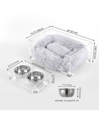 Billie 24" x 15.75" Small Modern Acrylic Calming Fluffy Pet Bed with Washable Cushion and 4" Elevated Pet Feeder with 27 oz 2-Stainless Steel Bowls, Light Gray/Clear (Set of 2)