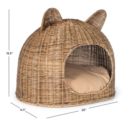 Cat Ear 20" x 14.5" Coastal Handwoven Rattan Pet Bed with Machine-Washable Cushion
