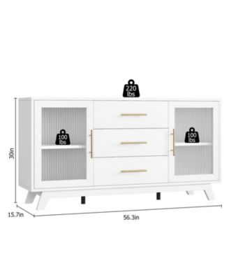 56" Sideboard Cabinet with Fluted Glass Doors & Drawers – Freestanding Buffet Storage Organizer for Kitchen, Dining & Living Room.