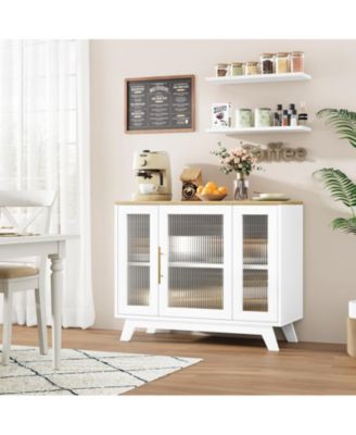 Modern Fluted Glass Door 2-Tier Sideboard Cabinet with Natural Top
