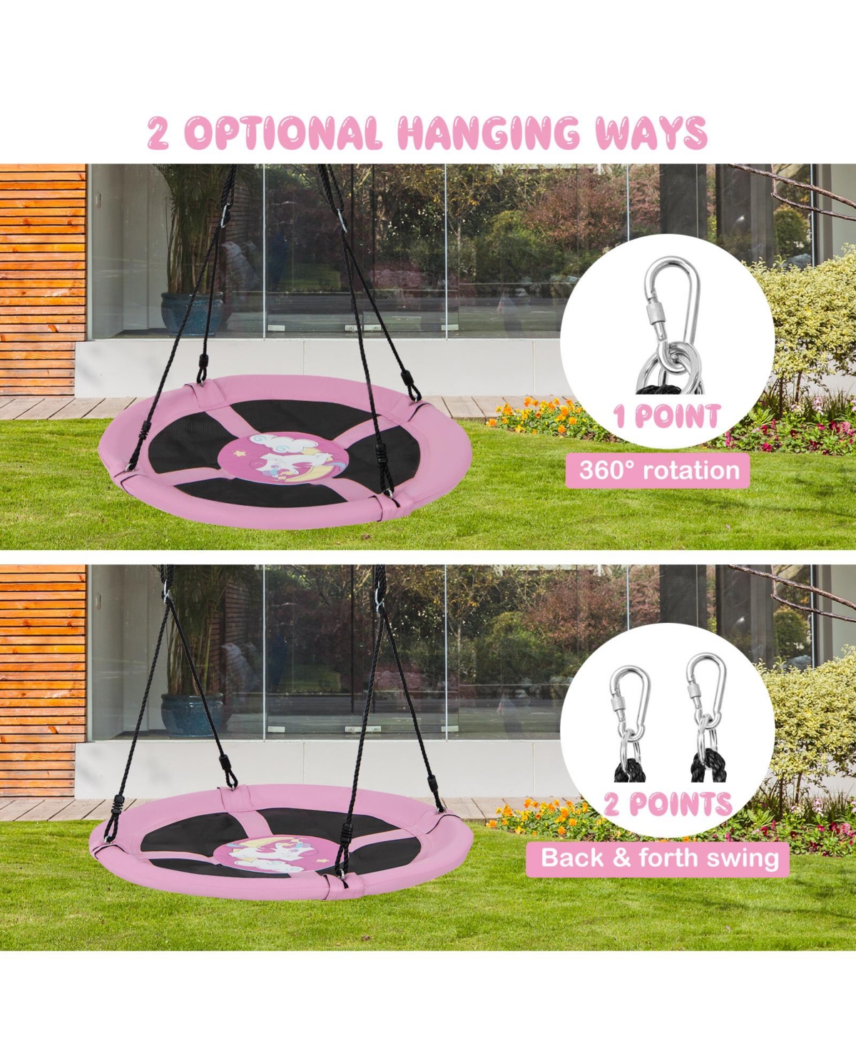 Sugift Kids Inches Saucer Tree Swing Round with Adjustable Ropes and Carabiners- Pink
