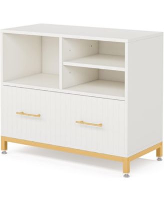 Lateral File Cabinet with Drawer Adjustable Hanging Rod for Letter A4 Files 35.4-Inch Wood Modern Printer Stand with Open Storage