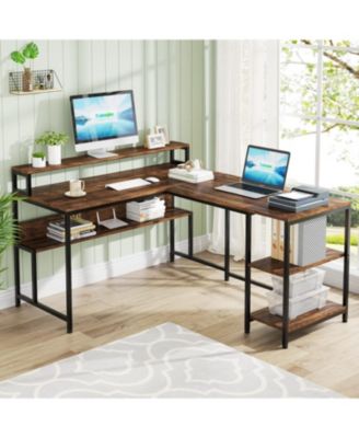 Reversible Corner Computer Desk with Storage Shelves,59 Inch L Shaped Desk with Monitor Stand,Study Writing Table Workstation for Home Office, Rustic Brown