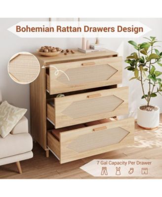 Dresser for Bedroom with 3 Drawers, Rattan Dresser with Spacious Storage, Modern Wooden Closet Dressers Chest of Drawers, Wood Nightstand for Bedroom, Hallway, Living Room, Rustic Oak
