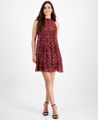 Robbie Bee - Petite Heart-Print Mock-Neck Trapeze Dress