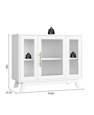 Buffet Storage Cabinet with Fluted Glass Door, 36" Modern Sideboard Cabinet with 2-Tier Storage, White Accent Cabinet for Kitchen Dining Living Room, White Top