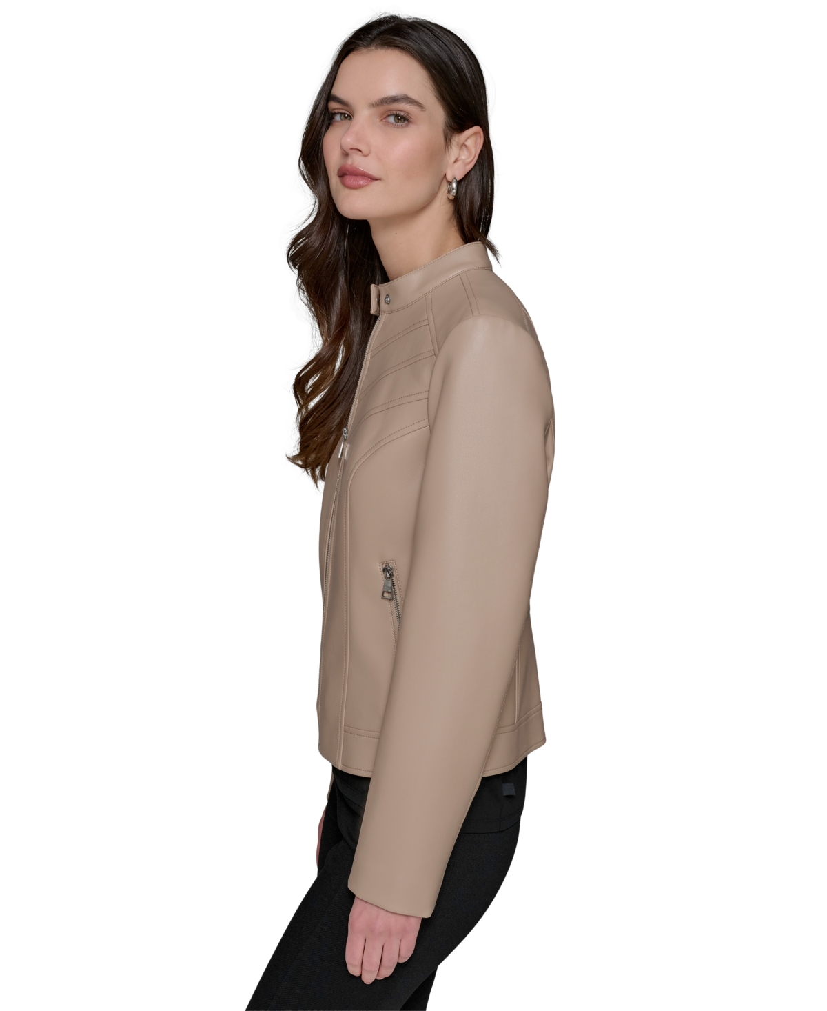 Karl Lagerfeld Women's Fitted Mock-neck Faux-leather Jacket In Latte