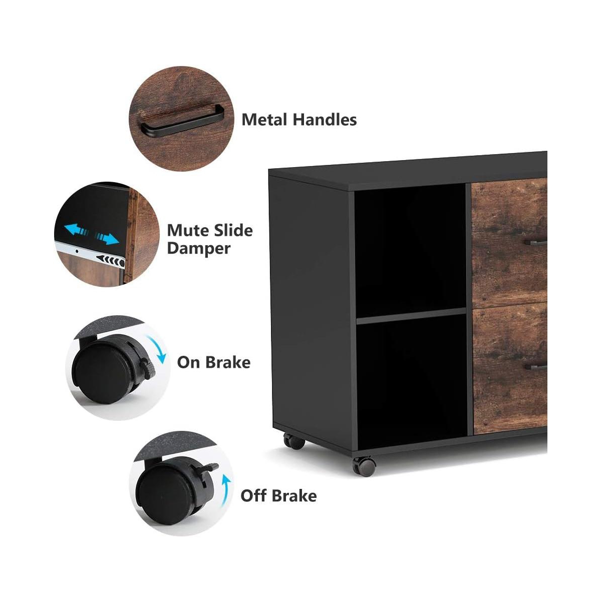 Tribesigns Mobile Lateral Filing Cabinet, 2 Drawer File Cabinet with Storage Shelves and Rolling Wheels - Black and brown