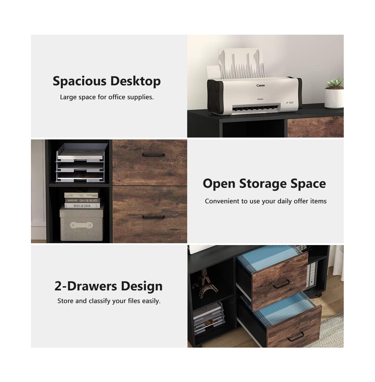 Tribesigns Mobile Lateral Filing Cabinet, 2 Drawer File Cabinet with Storage Shelves and Rolling Wheels - Black and brown