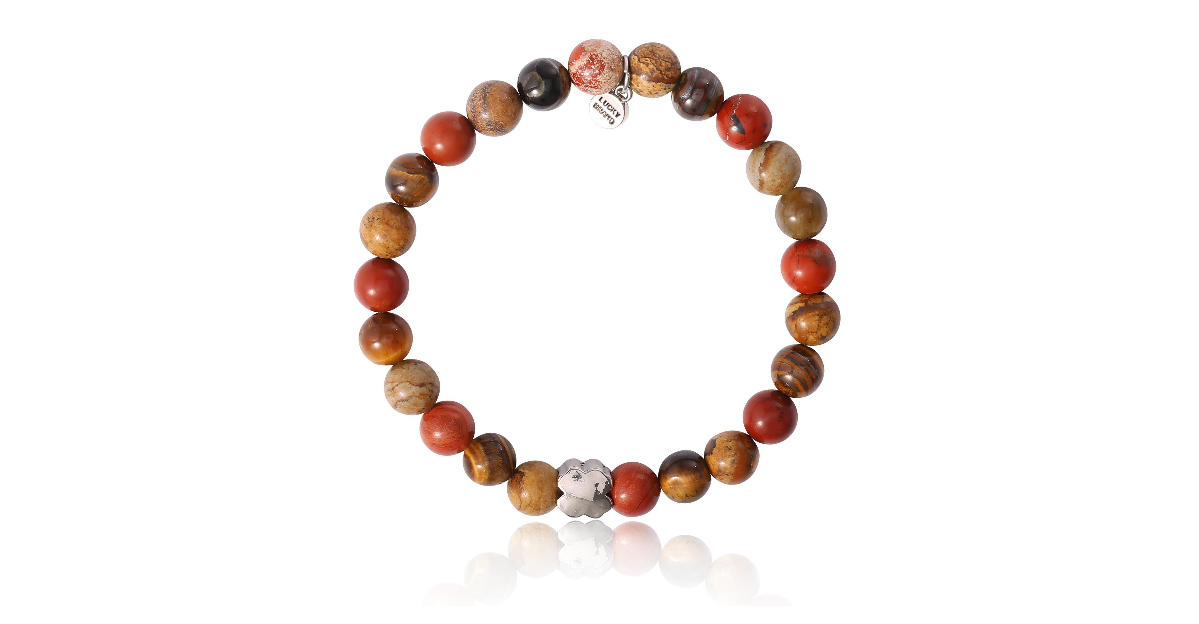 Lucky Brand Red Jasper Mens Bracelet, Stretch Beaded Bracelet for Men with Clover Logo and Jasper Beads