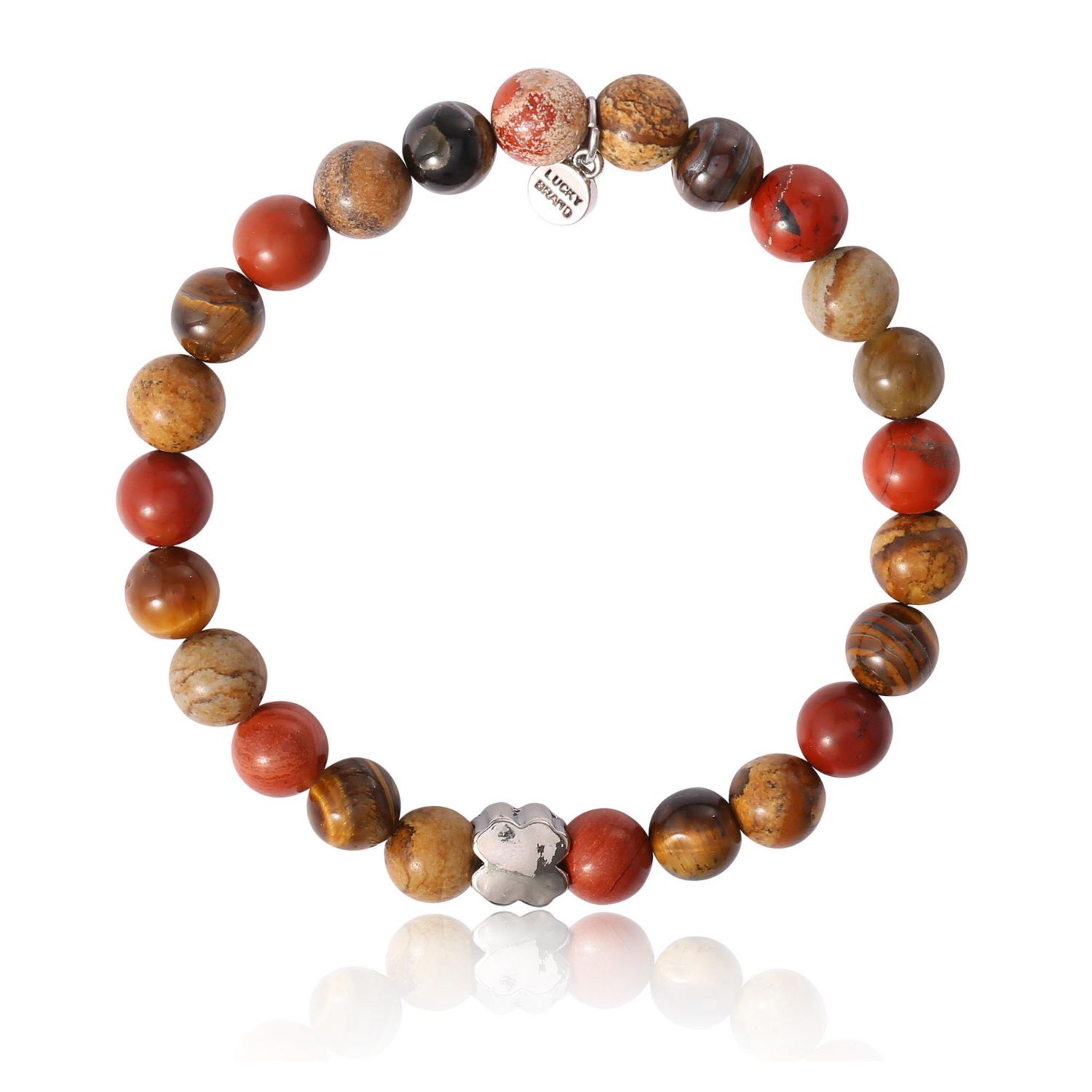 Red Jasper Mens Bracelet, Stretch Beaded Bracelet for Men with Clover Logo and Jasper Beads
