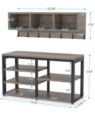 Coat Rack Set and Industrial Shoe Bench, 3 Storage Cubbies, 7 Hooks for Entryway, Hallway, 5-in-1Design