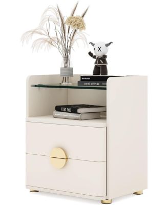 2-Drawer Modern Nightstand with Open Storage Space and Gold Round Metal Legs,Wood Bed Side Table for Bedroom,Living Room