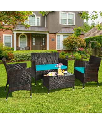 4 Pieces Patio Rattan Sofa Set with Chairs and Glass Coffee Table
