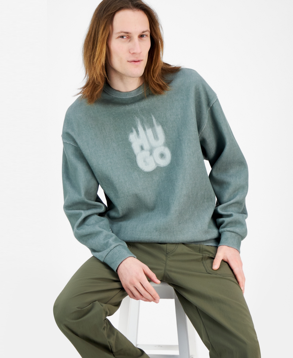 HUGO BOSS MEN'S DINKAM OVERSIZED FIT LONG SLEEVE RIBBED LOGO SWEATSHIRT 