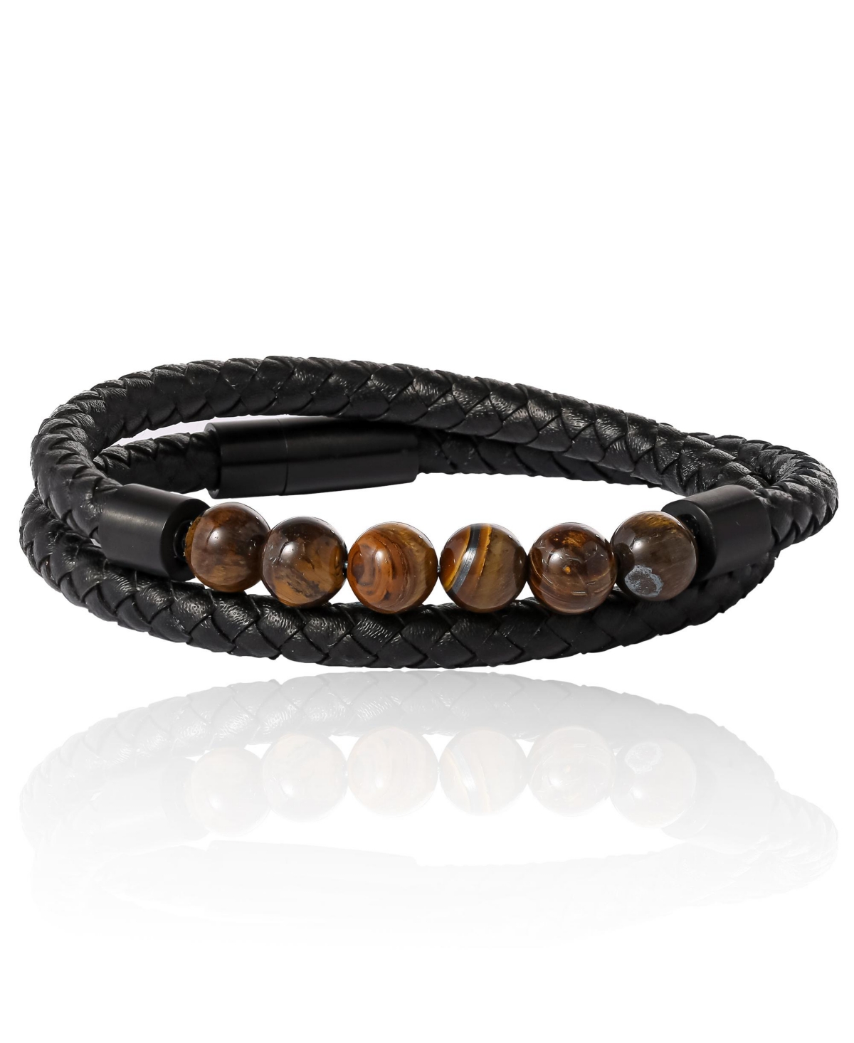 Tiger s Eye Beaded and Leather Wrap Bracelet - Braided Leather & Stone Jewelry for Men - Black, brown