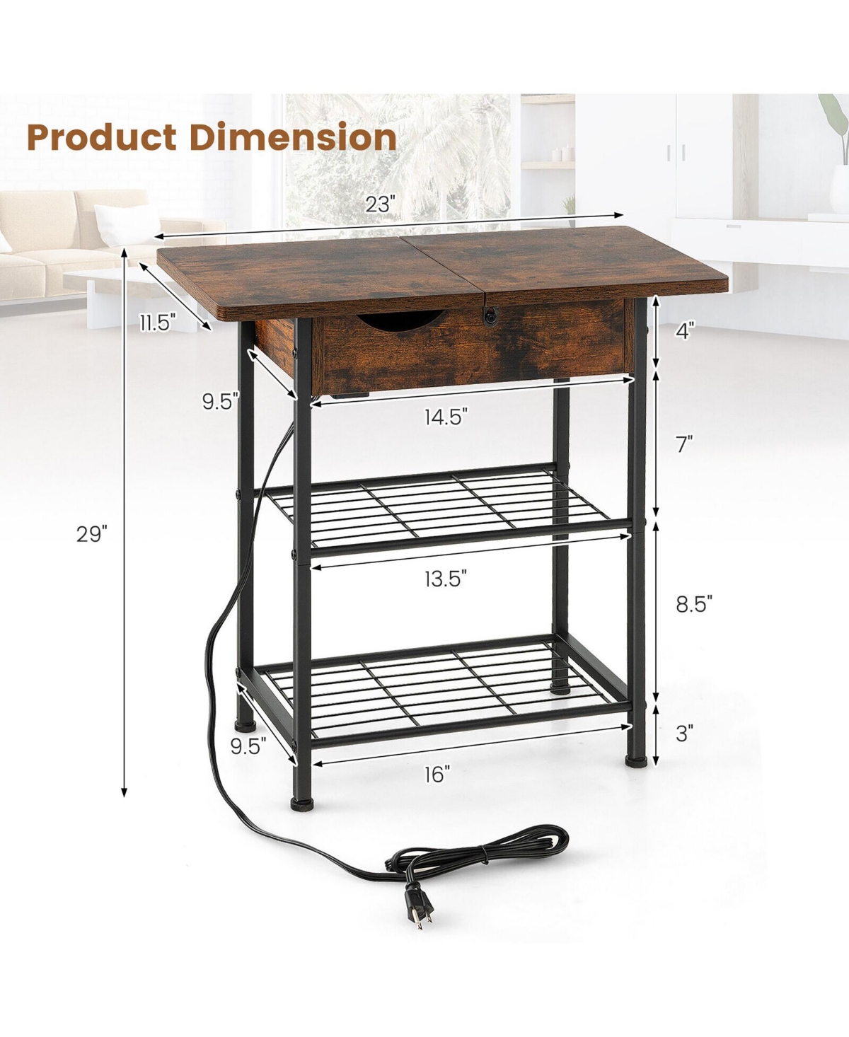 Gymax Side End Sofa Table Nightstand with Charging Station Flip-Up Top for Living Room