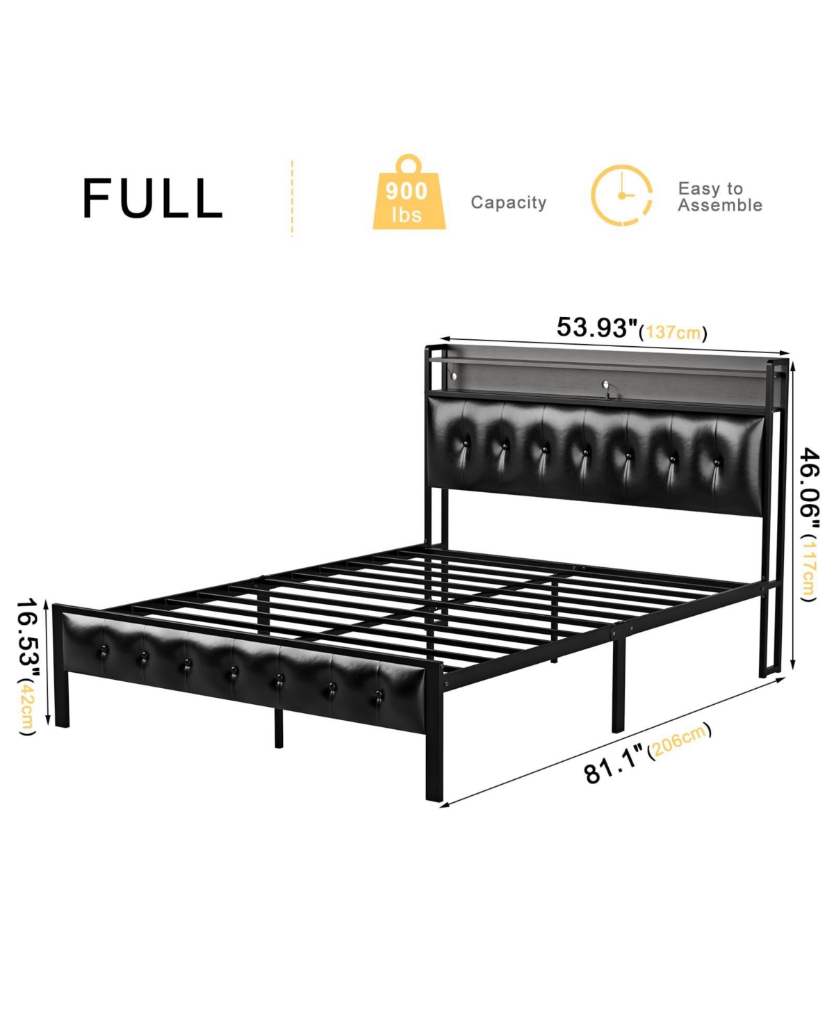 Hausource Size Bed Frame with Storage Headboard & Charging Station Platform Bed No Box Spring Needed