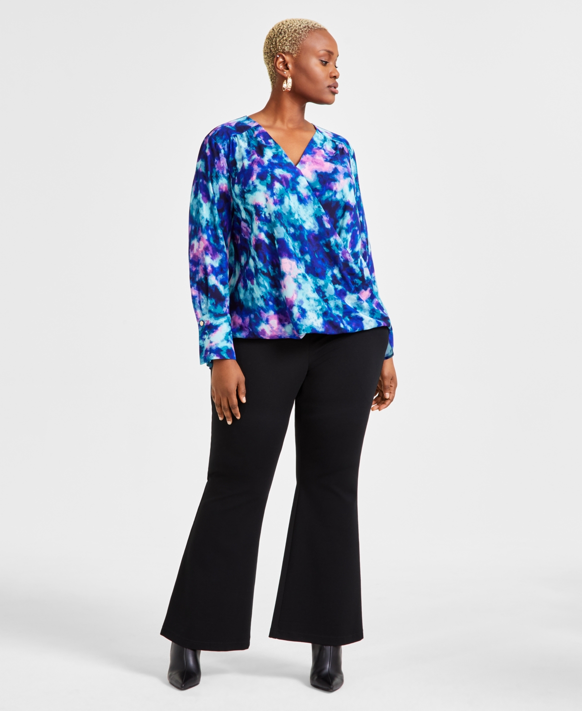 Inc International Concepts Plus Size Printed Long-sleeve Top, Exclusively At Macy's In Delia Dye