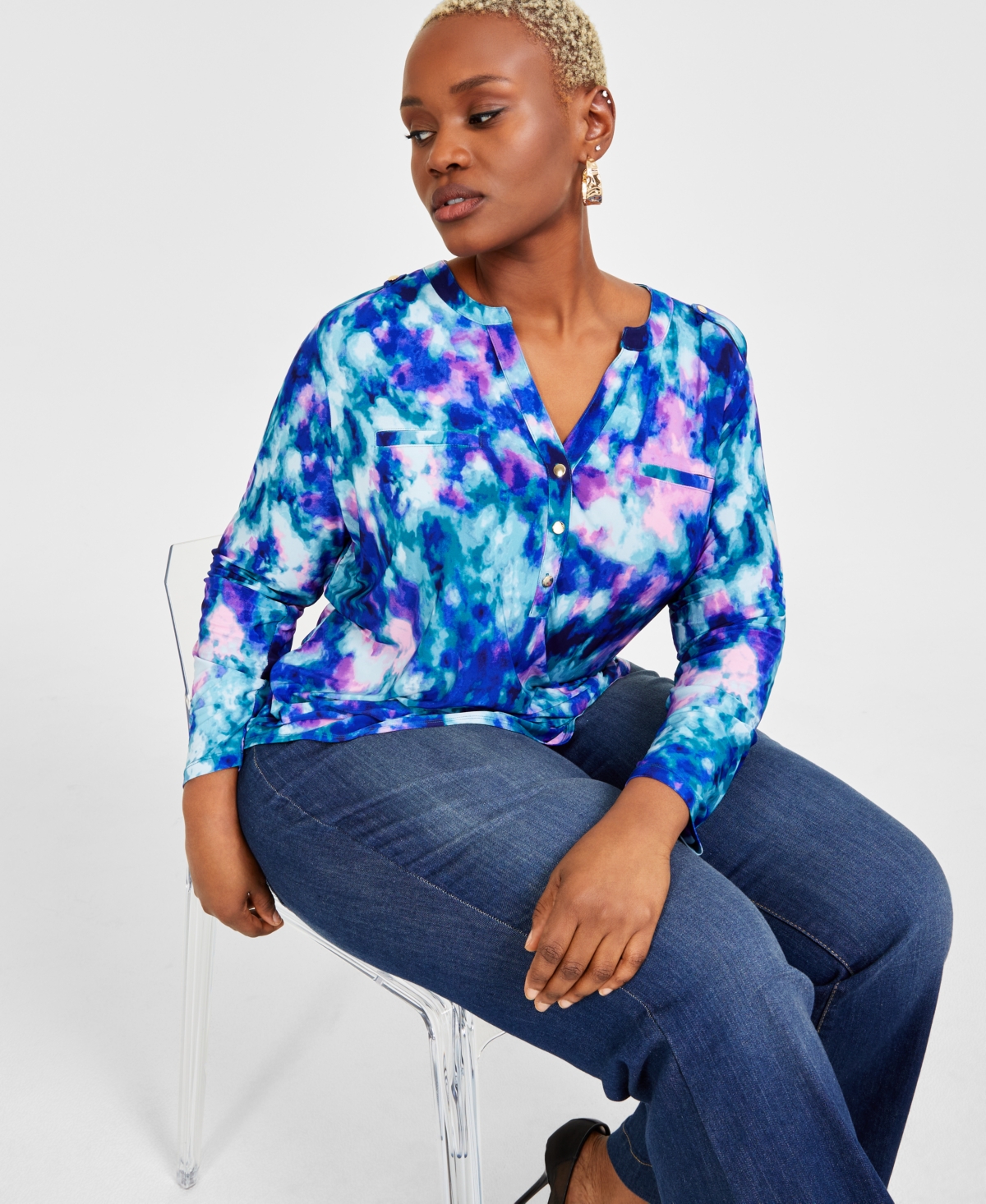 Inc International Concepts Plus Size Printed Long-sleeve Top, Exclusively At Macy's In Delia Combo
