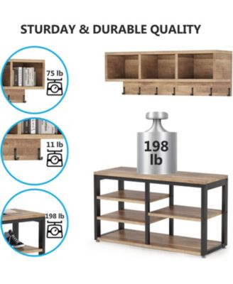 Coat Rack Set and Industrial Shoe Bench, 3 Storage Cubbies, 7 Hooks for Entryway, Hallway, 5-in-1Design