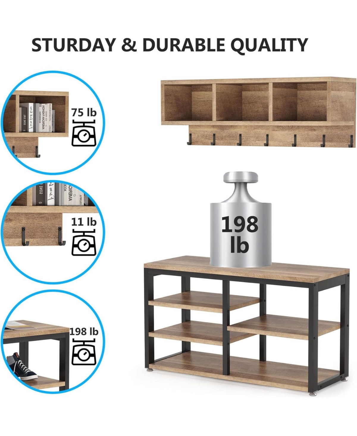 Tribesigns Coat Rack Set and Industrial Shoe Bench, 3 Storage Cubbies, 7 Hooks for Entryway, Hallway, 5-in-1Design