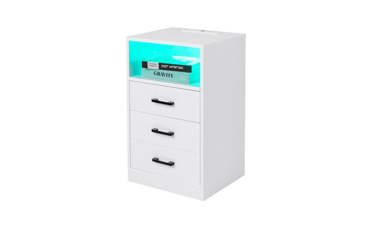 Slickblue Triamine Bedside Table with 3 Drawers, Socket, and Led Light Stylish and Functional Nightstand for Bedrooms