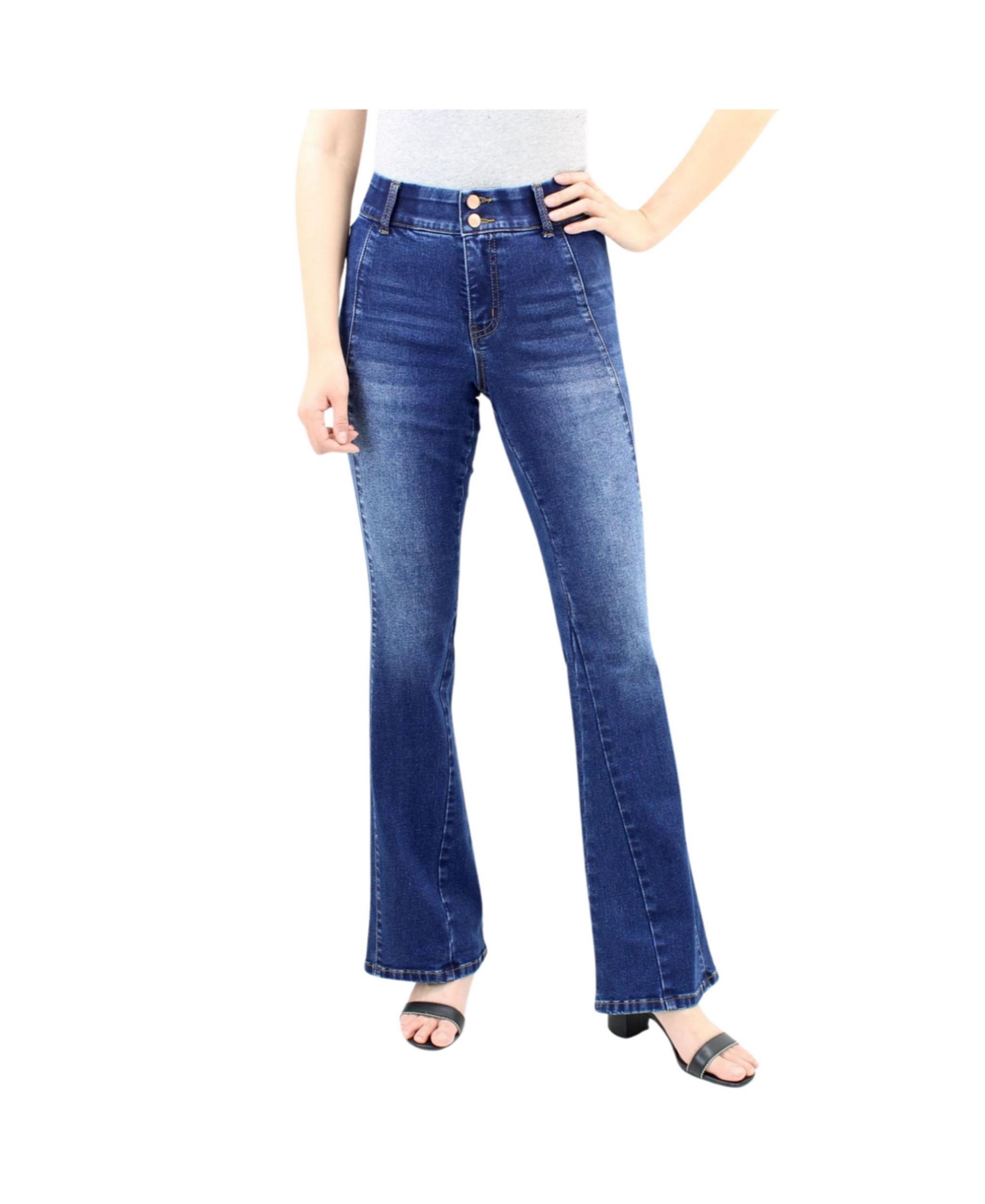 Women's Tummy Control Seamed Detail Flare Wide Leg Jean - Dark indigo blue wash