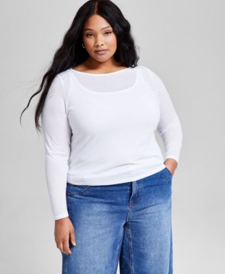 And Now This - Plus Size Solid Boat-Neck Long-Sleeve Layered Top, Exclusively at Macy's