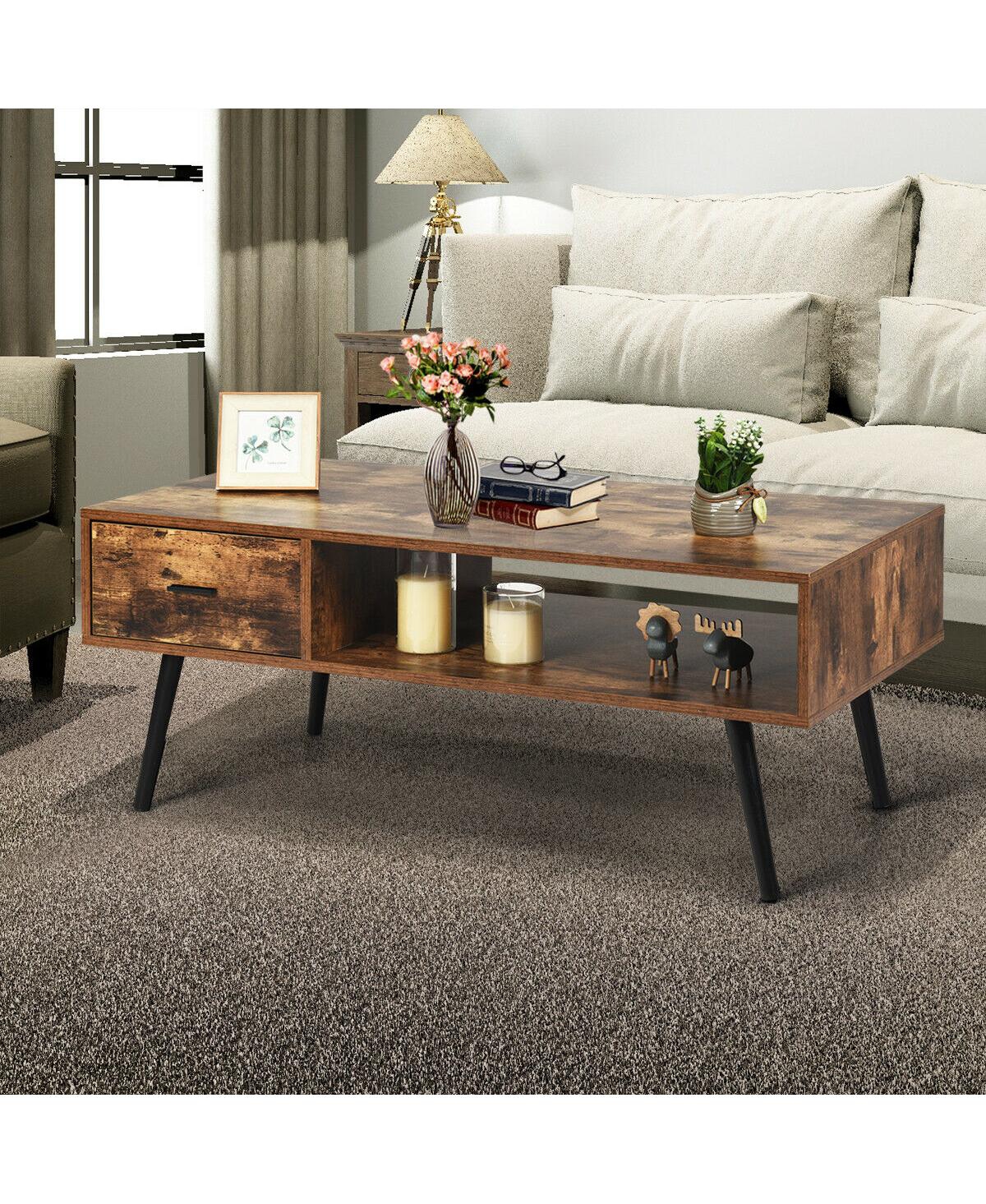 Gymax Retro Coffee Table Mid Century Modern Living Room Furniture w/Open Storage Shelf - Rustic brown+black