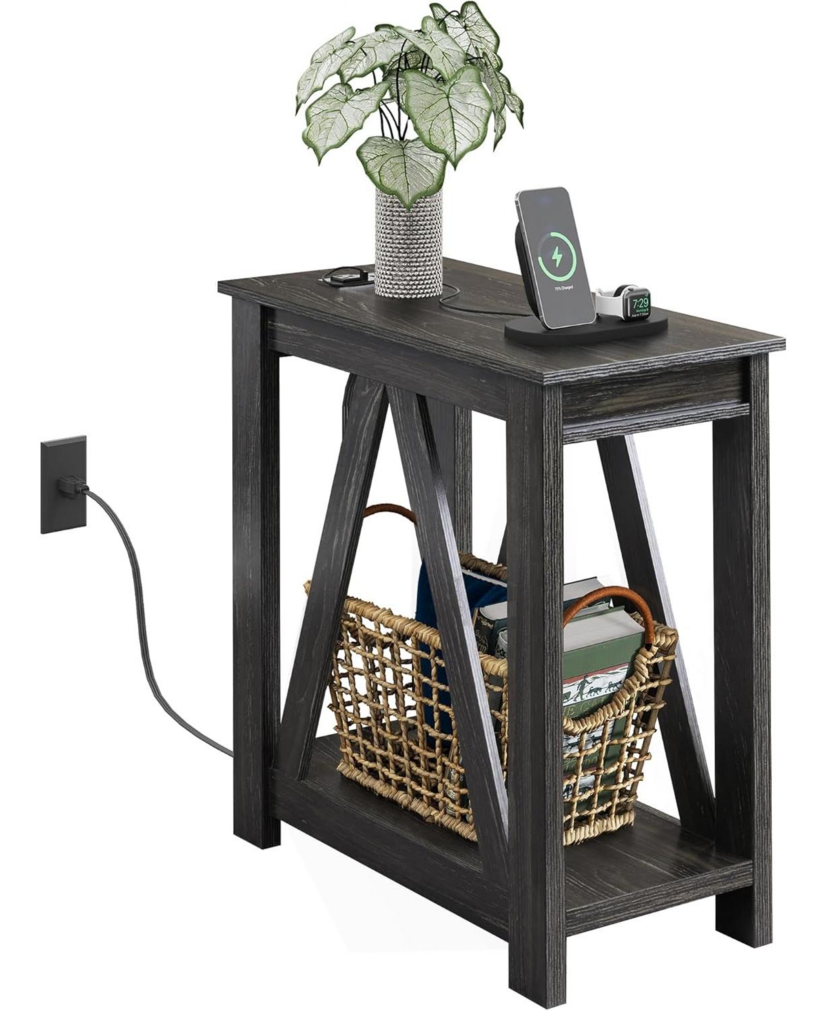 Wlive Narrow End Table with Charging Station of Open Storage Shelf&#xFF0C;Sofa Side Table with 2 Usb Ports and 2 Power Outlets&#xFF0C;Slim Farmhouse E
